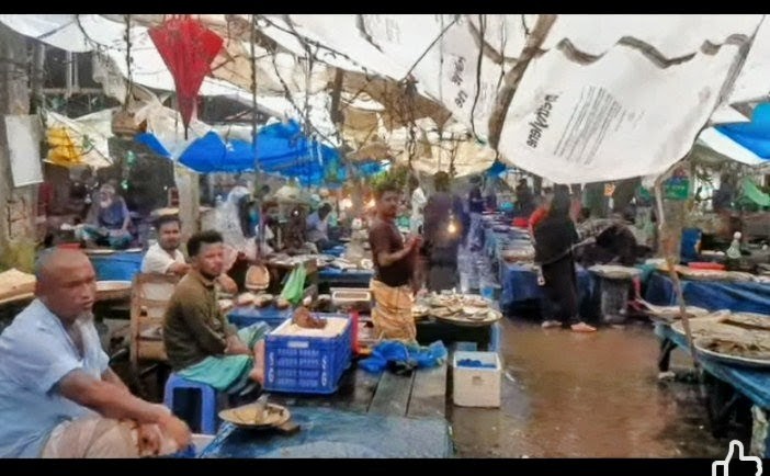 ফিসশেড না থাকায় বাহুবল বাজারে রোদবৃষ্টি মাথায় নিয়ে মাছ কেনাবেচা হচ্ছে