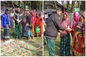 বিশ্বম্ভরপুরে অসহায় ও দুস্থদের মাঝে দুম্বার মাংস বিতরণ 